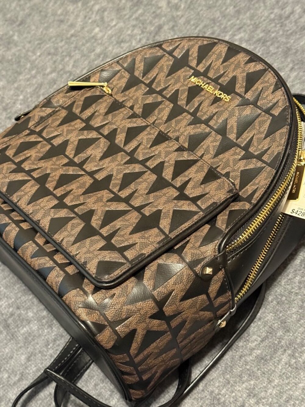 Michael Kors Adina Abbey Med Backpack Pebbled PVC/Leather Blk/Brwn Check Des - Picture 5 of 7